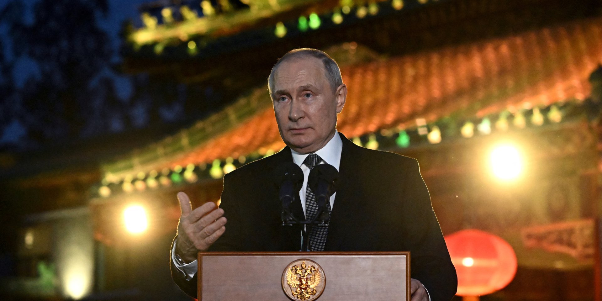 Russian dictator Vladimir Putin at a conference during his visit to China, October 18, 2023 (Photo: Sputnik/Grigory Sysoyev/Pool via REUTERS)