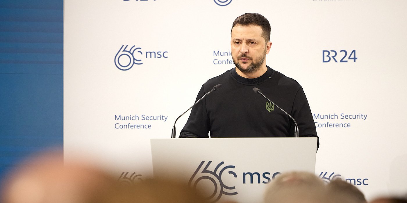 Зеленський під час виступу на&nbsp;Мюнхенській безпековій конференції, 17 лютого 2024 року (Фото: ОП)