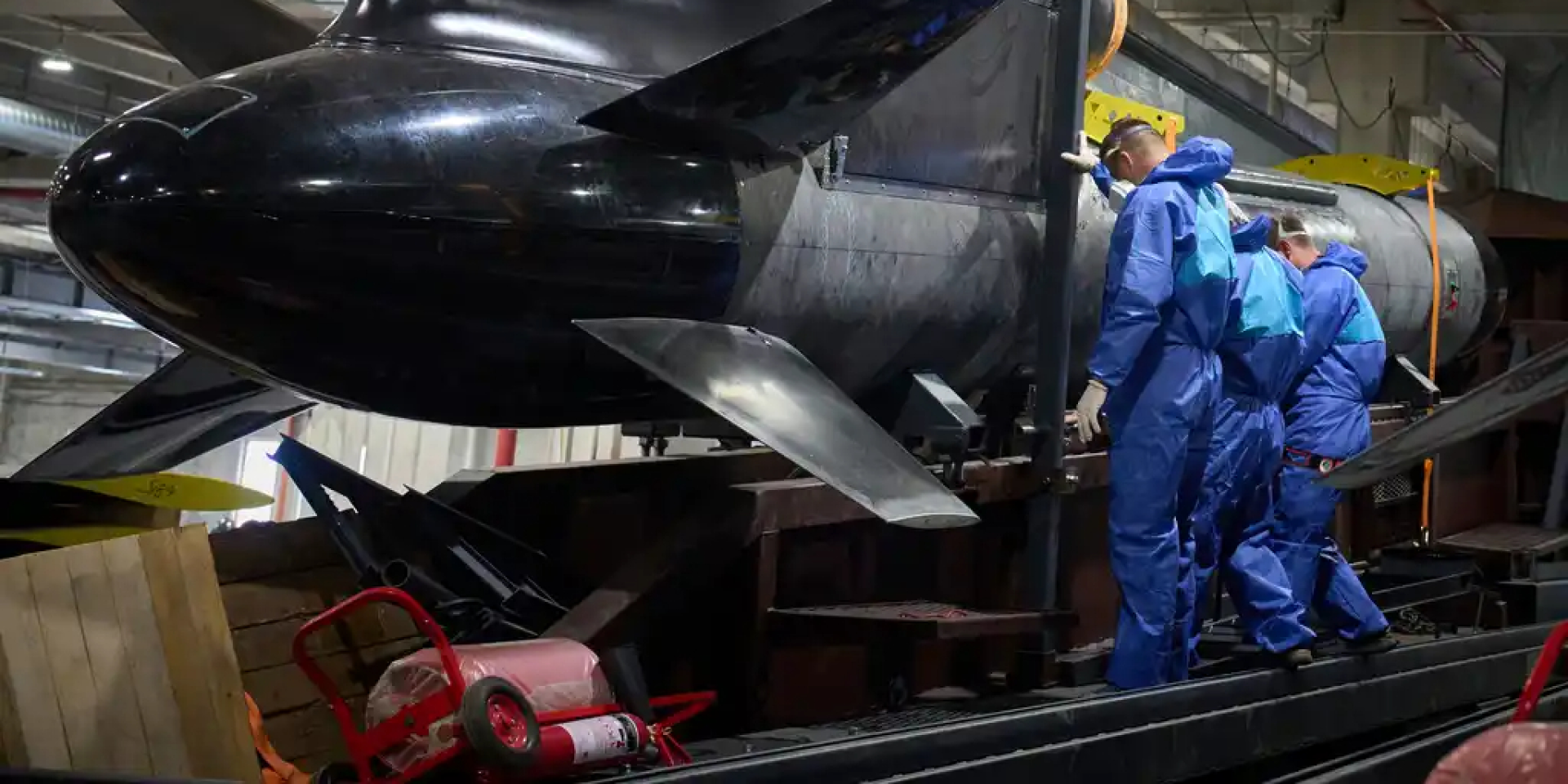 Workers inspect a Ukrainian-made cruise missile named ‘Flamingo’ at a secret factory of the Fire Point company in Ukraine, on August 18, 2025. (Photo: AP/Efrem Lukatsky)