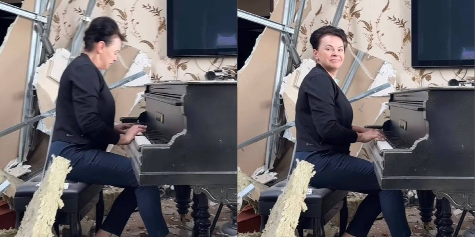 A resident of the village of Myla played the piano in a ruined room (Photo: Iryna Shev/Screenshot/NV collage)