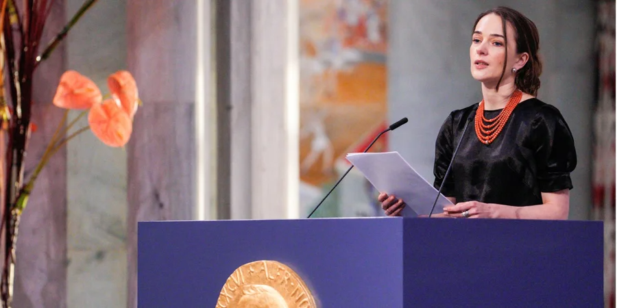 Oleksandra Matviichuk, head of the Center for Civil Liberties, delivers a speech at the Nobel Peace Prize award ceremony, Oslo, Norway, Dec. 10, 2022 (Фото: Rodrigo Freitas / NTB / via REUTERS)