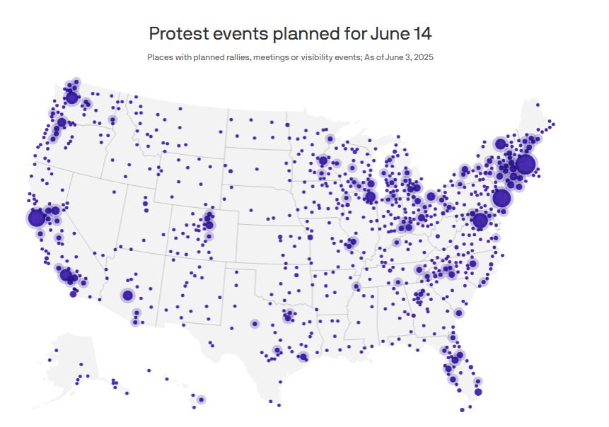 Map of planned protests in the U.S. for June 14 (Фото: Kavya Beheraj/Axios)