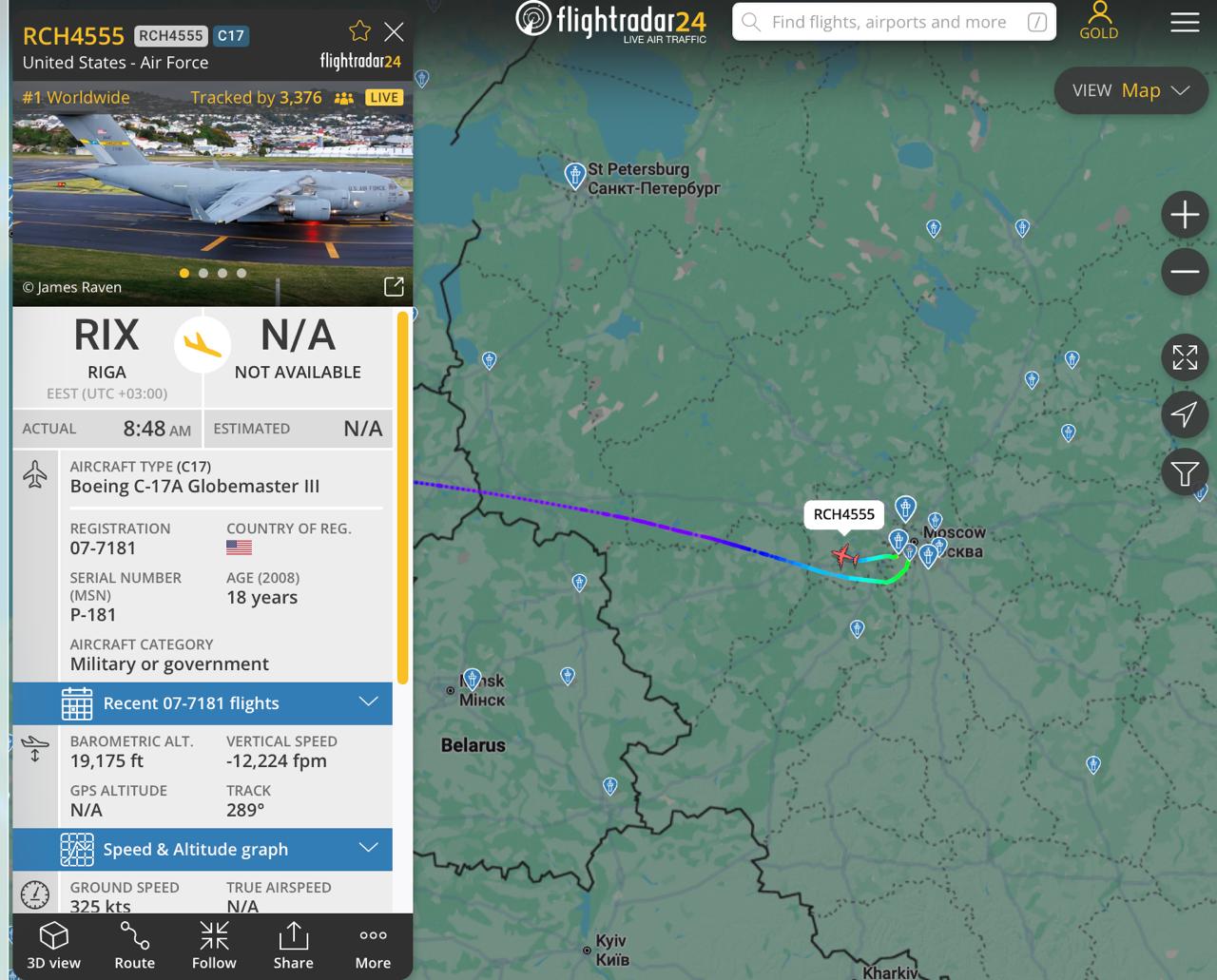 Дані Flightradar24 про борт, на якому до Москви прилетів очільник ЦРК (Фото: Flightradar24 / Скриншот)