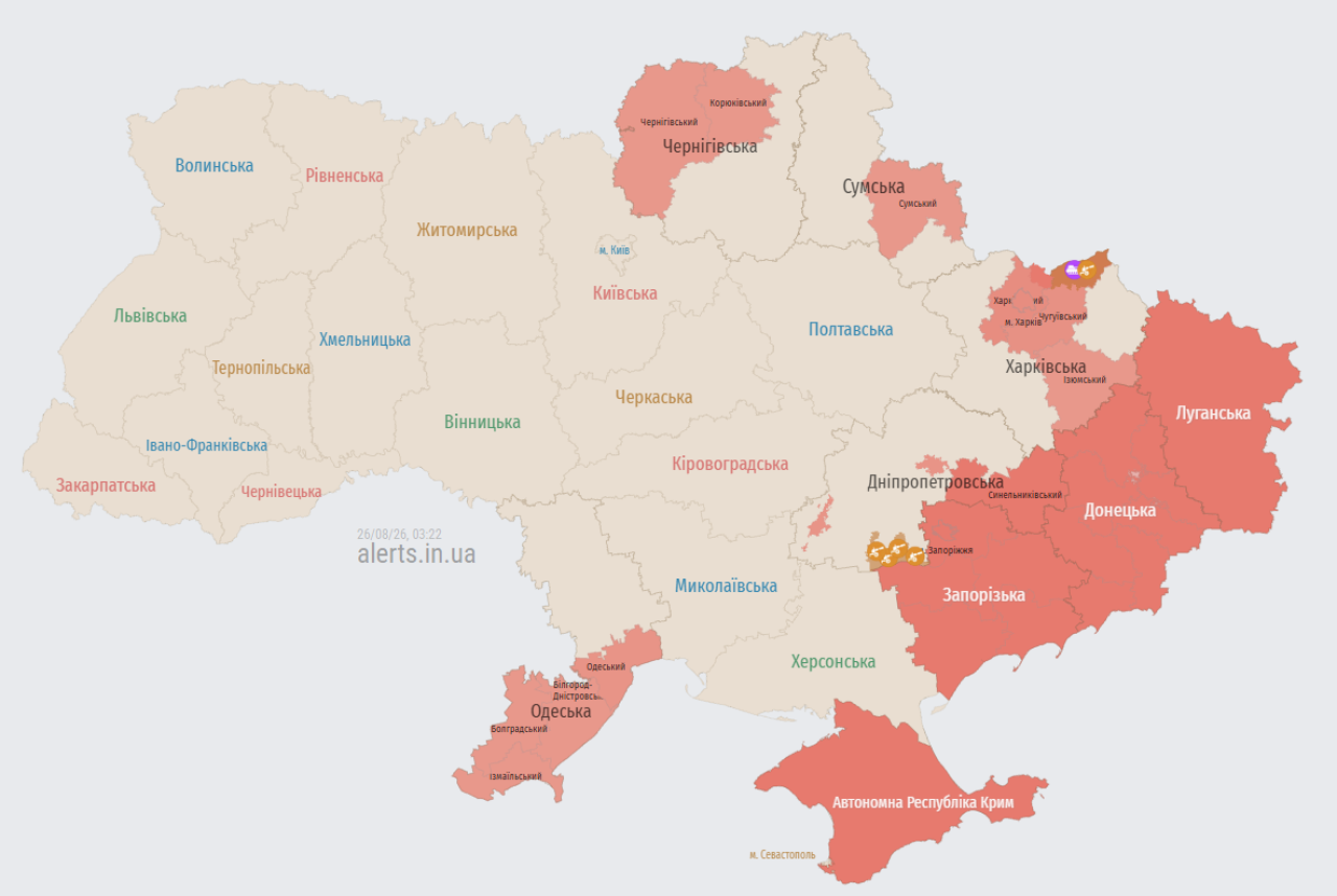 Мапа повітряних тривог в Україні станом на 03:22 26 серпня 2026 року (Фото: alerts.in.ua)