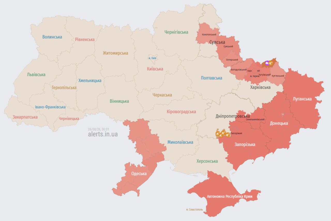 Мапа повітряних тривог в Україні станом на 06:01 26 серпня 2026 року (Фото: alerts.in.ua)